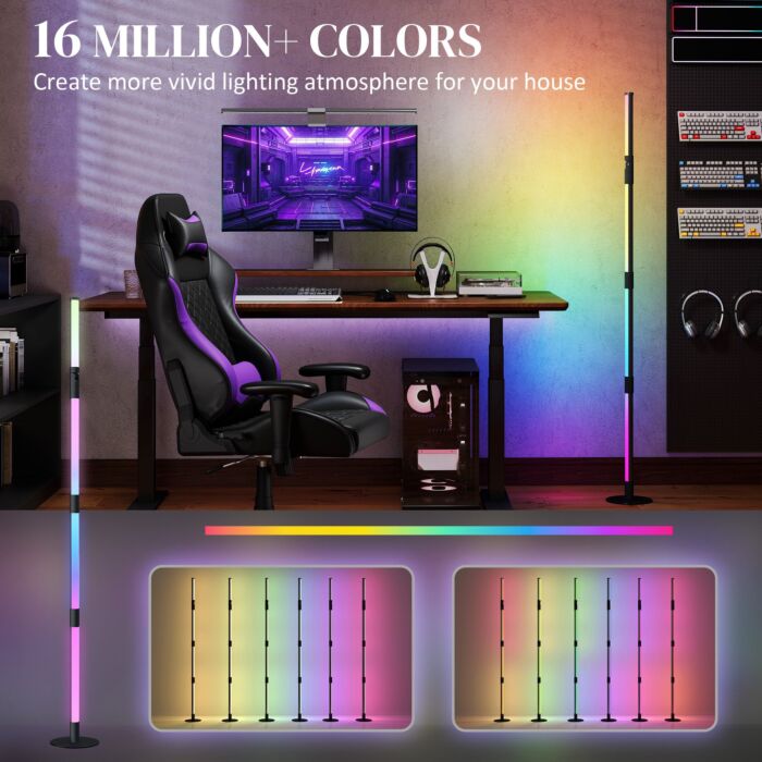 Homcom Led Floor Lamp, 360° Rgb Detachable Corner Floor Lamp With App & Remote Control, Colour Changing Standing Lamp With Music Sync & Timing, For Living Room, Game Room, Dark Grey
