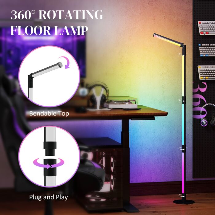 Homcom Led Floor Lamp, 360° Rgb Detachable Corner Floor Lamp With App & Remote Control, Colour Changing Standing Lamp With Music Sync & Timing, For Living Room, Game Room, Dark Grey