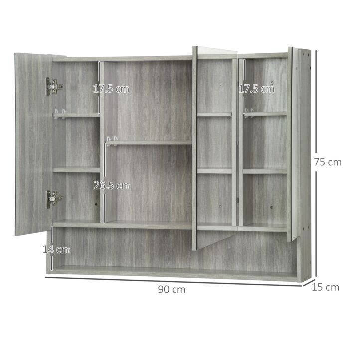 Kleankin Bathroom Mirror Cabinet, Wall Mounted Storage Cabinet With Adjustable Shelves, 3 Doors And Cupboards, Grey