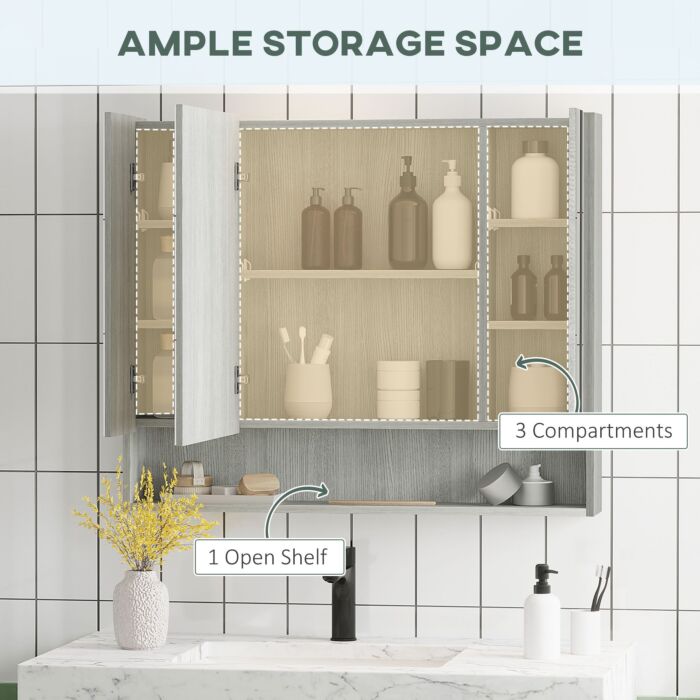 Kleankin Bathroom Mirror Cabinet, Wall Mounted Storage Cabinet With Adjustable Shelves, 3 Doors And Cupboards, Grey