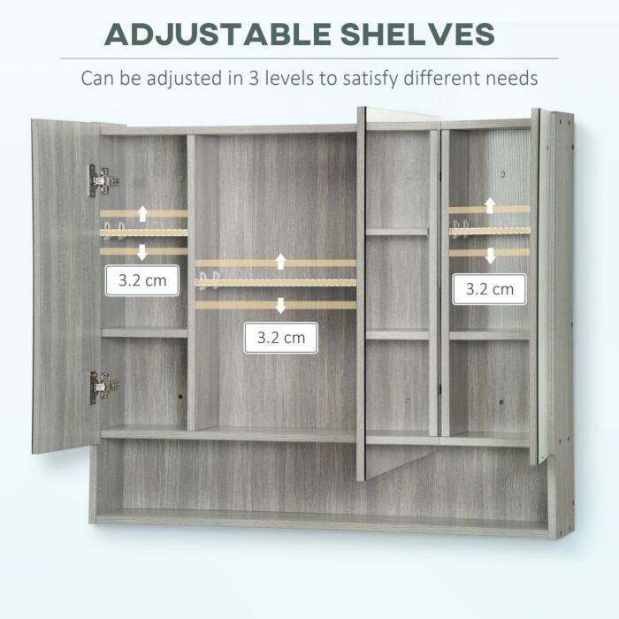 Kleankin Bathroom Mirror Cabinet, Wall Mounted Storage Cabinet With Adjustable Shelves, 3 Doors And Cupboards, Grey
