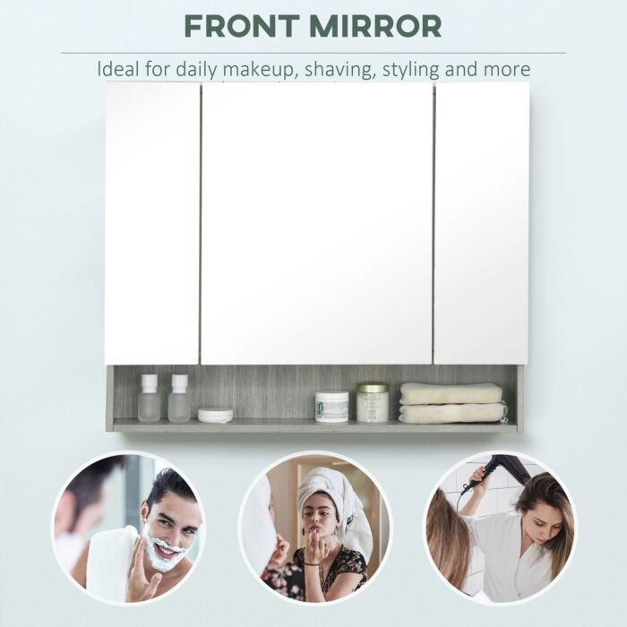 Kleankin Bathroom Mirror Cabinet, Wall Mounted Storage Cabinet With Adjustable Shelves, 3 Doors And Cupboards, Grey