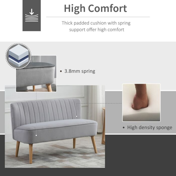 Homcom Modern Velvet Double Seat Sofa W/ Wood Frame Foam Padding High Back Soft Comfortable Compact Couch Grey