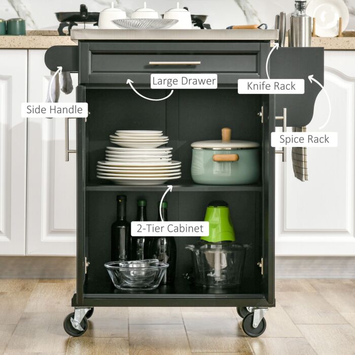 Homcom Kitchen Island, Mdf, Stainless Steel Top-black