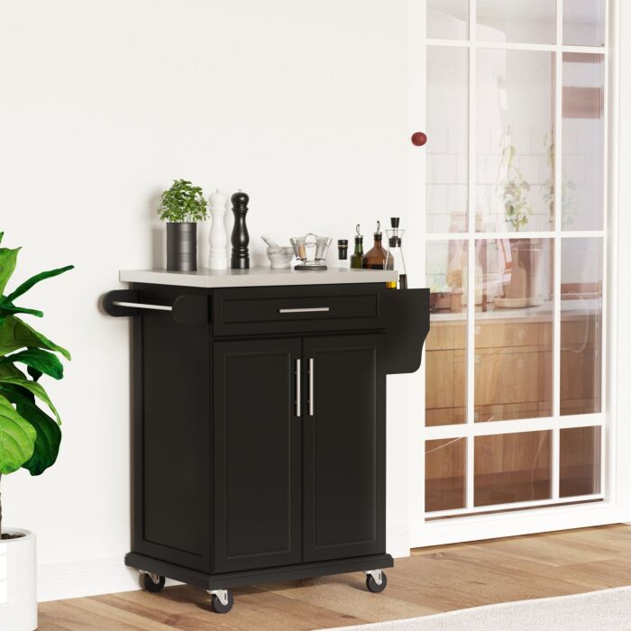 Homcom Kitchen Island, Mdf, Stainless Steel Top-black
