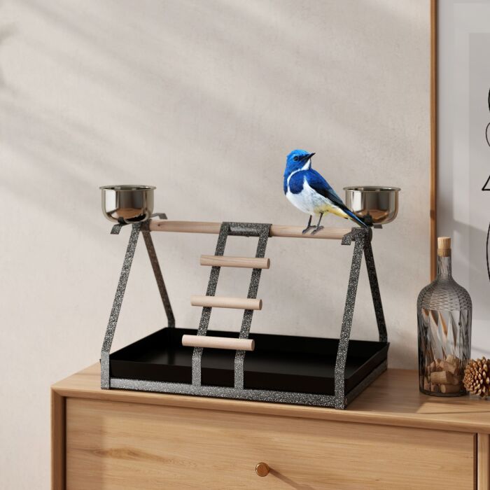 Pawhut Portable Bird Playstand Training Playground With Wood Perch Ladder Feeding Cups For Macaw Parrot Conure