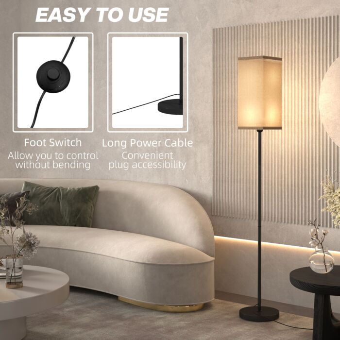 Homcom Floor Lamp, Modern Standing Lamp With Linen Shade, Tall Lamps For Living Room, Bedroom, With Foot Switch, Bulb Not Included, Black