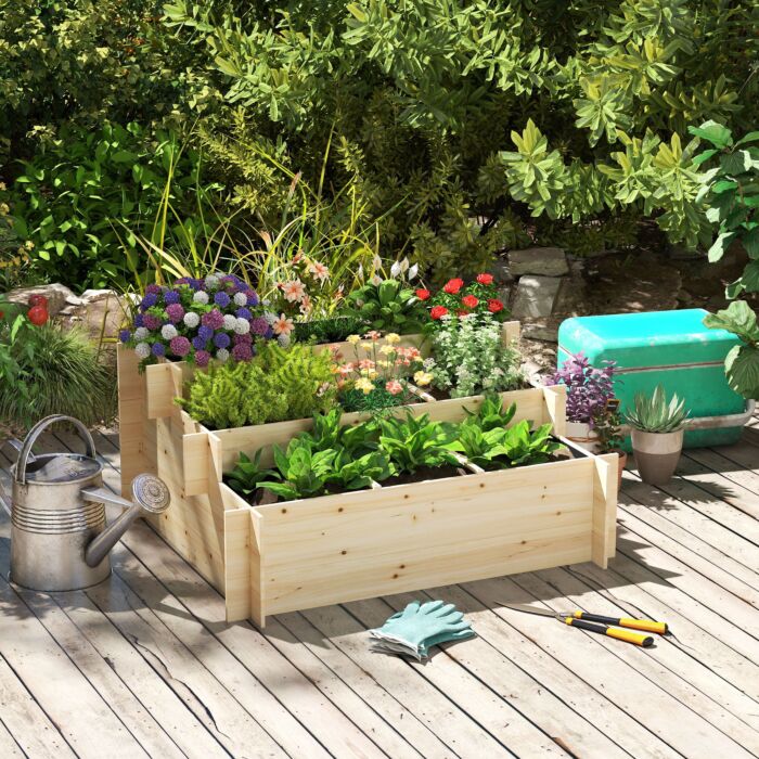 Outsunny 3 Tier Raised Garden Bed Elevated Planter Flower Box With 9 Grow Grids And Non-woven Fabric For Vegetables, Flower, Herb
