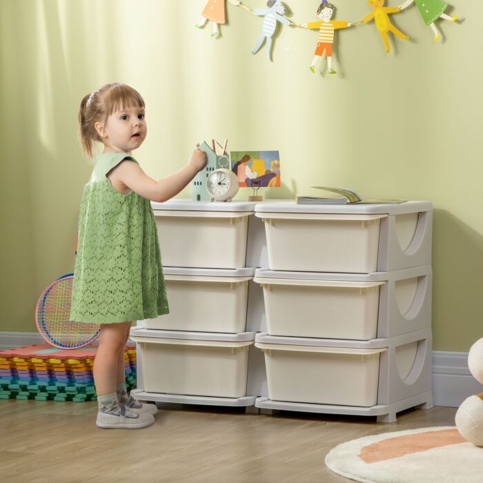 Zonekiz Kids Storage Units With 6 Drawers, 3 Tier Kids Toy Storage Organizer, Vertical Dresser Tower For Nursery Playroom Kindergarten, Cream