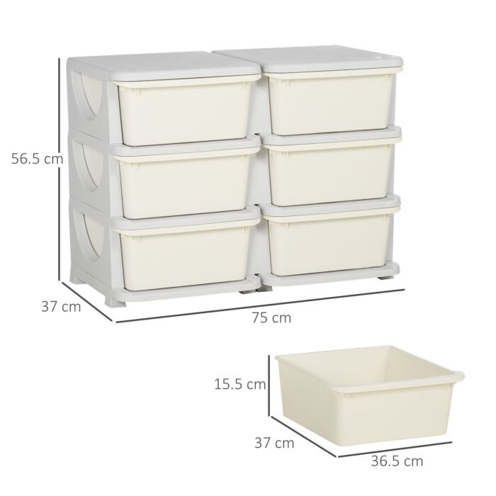 Zonekiz Kids Storage Units With 6 Drawers, 3 Tier Kids Toy Storage Organizer, Vertical Dresser Tower For Nursery Playroom Kindergarten, Cream