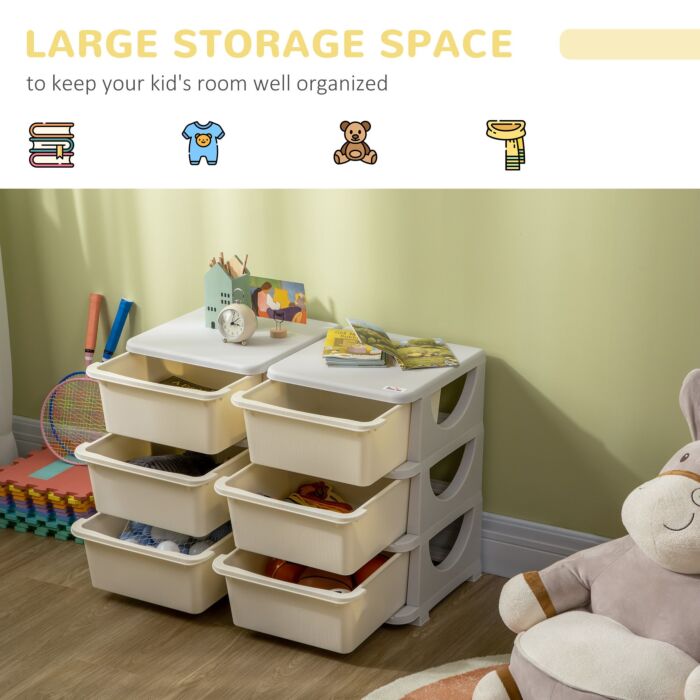 Zonekiz Kids Storage Units With 6 Drawers, 3 Tier Kids Toy Storage Organizer, Vertical Dresser Tower For Nursery Playroom Kindergarten, Cream