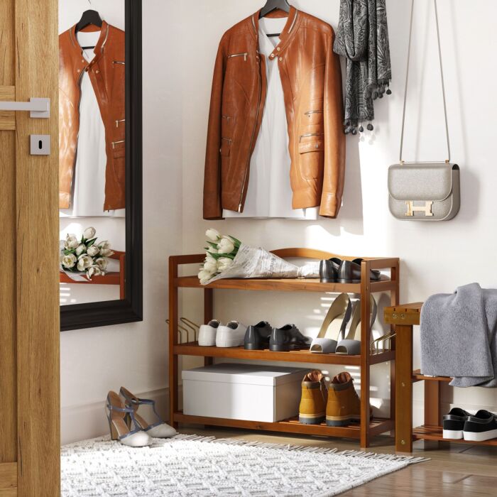 Homcom 3-tier Shoe Rack, Acacia Wooden Shoe Storage Organiser With 2 Hangers, Holds Up To 12 Pairs, 74 X 26 X 62 Cm, Teak