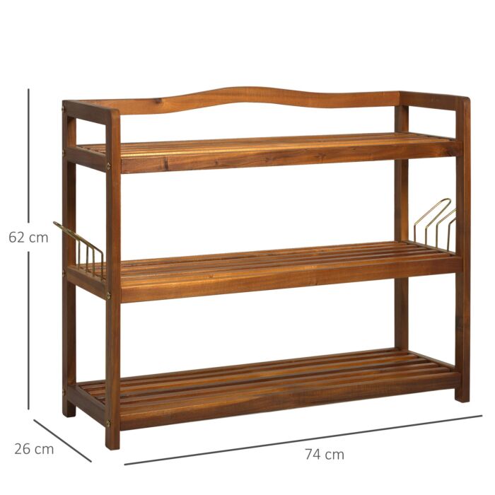 Homcom 3-tier Shoe Rack, Acacia Wooden Shoe Storage Organiser With 2 Hangers, Holds Up To 12 Pairs, 74 X 26 X 62 Cm, Teak