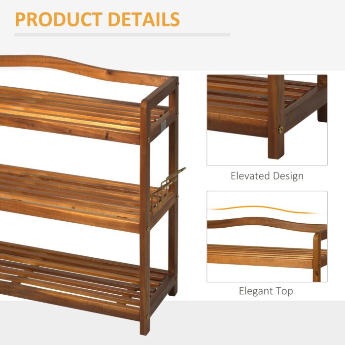 Homcom 3-tier Shoe Rack, Acacia Wooden Shoe Storage Organiser With 2 Hangers, Holds Up To 12 Pairs, 74 X 26 X 62 Cm, Teak