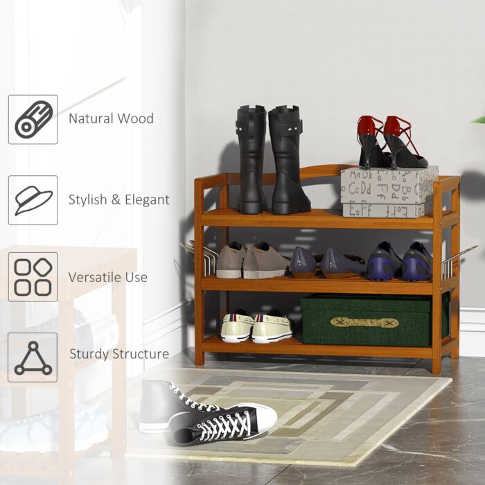Homcom 3-tier Shoe Rack, Acacia Wooden Shoe Storage Organiser With 2 Hangers, Holds Up To 12 Pairs, 74 X 26 X 62 Cm, Teak