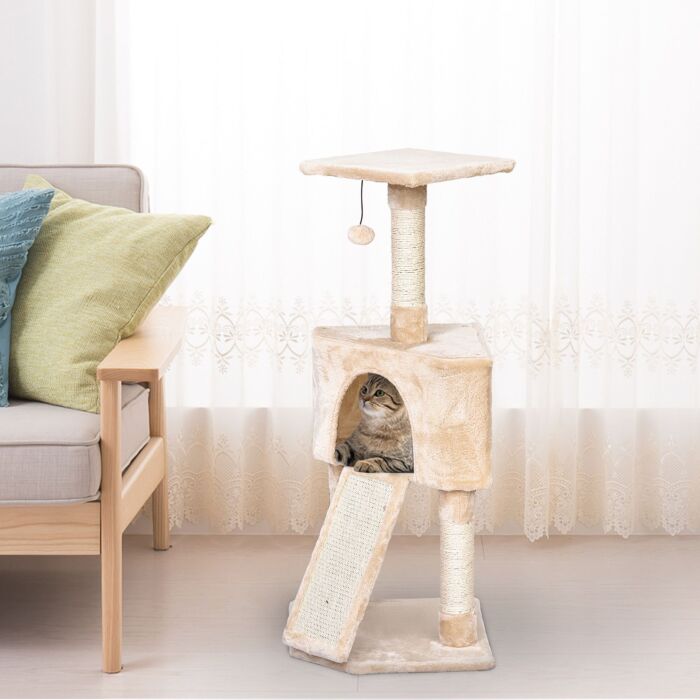 Pawhut Cats 3-tier Sisal Rope Scratching Post W/ Dangle Toy Beige