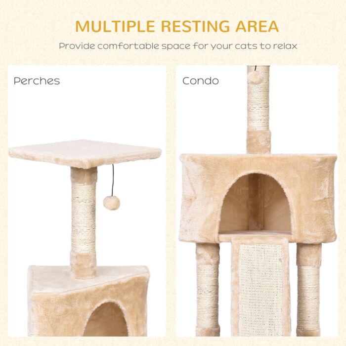 Pawhut Cats 3-tier Sisal Rope Scratching Post W/ Dangle Toy Beige
