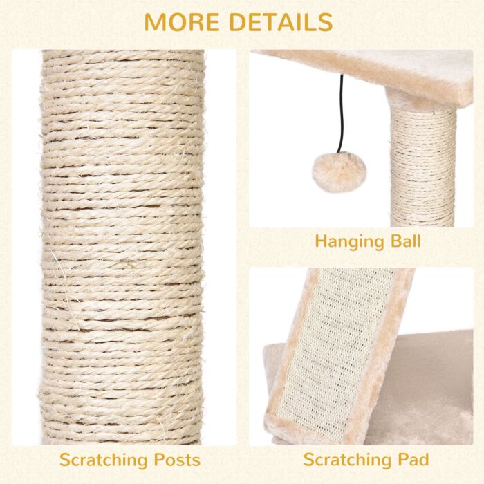 Pawhut Cats 3-tier Sisal Rope Scratching Post W/ Dangle Toy Beige