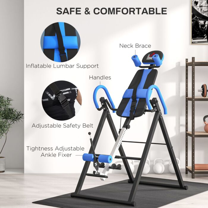 Homcom Gravity Inversion Table With Safety Belt Adjustable Hand Stand For Muscle Pain Relief, Blue