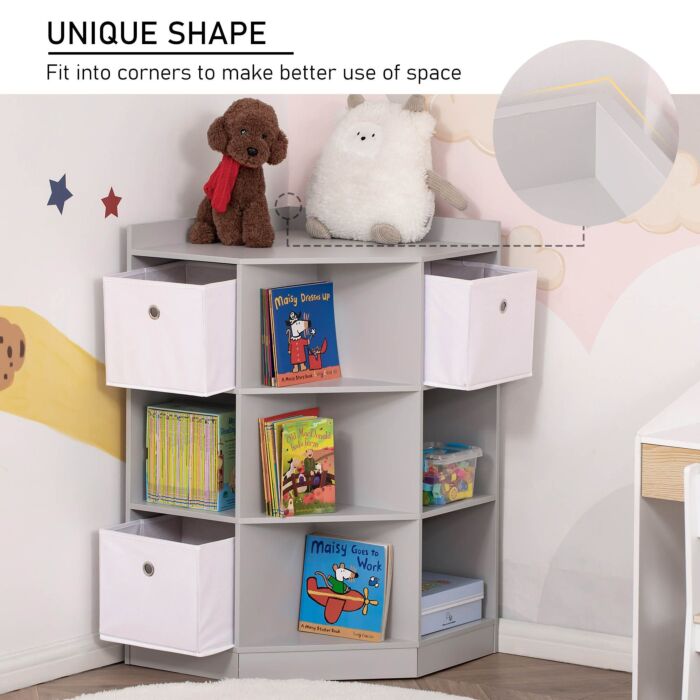 Homcom Kids Storage Cabinet Corner Toy Storage Organizer Bookcase Rack For Children's Play Room/bedroom With Anti-tipping Hardware Drawers, Grey
