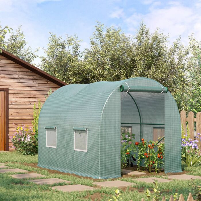 Outsunny Walk-in Greenhouse Reinforced Polytunnel Greenhouse Garden Plants Grow Waterproof Cover Galvanised Base W/ Slide Door, 2.5 X 2 M