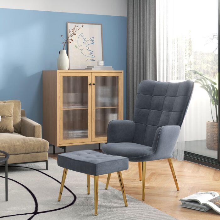 Homcom Upholstered Armchair W/ Footstool Set, Modern Button Tufted Accent Chair W/ Gold Tone Steel Legs, Wingback Chair, Dark Grey