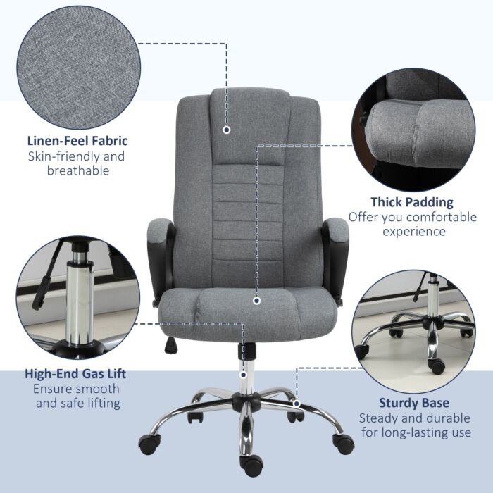Vinsetto High Back Office Chair 360° Swivel Chair Adjustable Height Tilt Function Linen Deep Grey 62w X 62d X 110-119h Cm