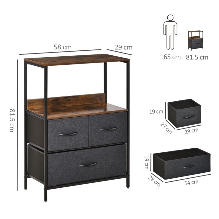 Homcom Chest Of Drawers Bedroom Unit Storage Cabinet With 3 Fabric Bins, Bedroom And Entryway, Black