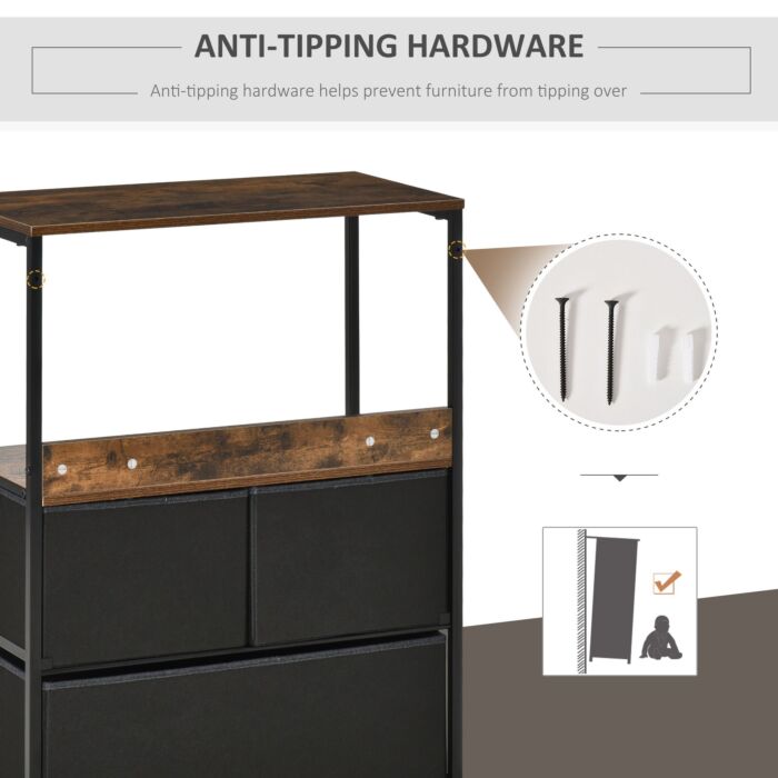Homcom Chest Of Drawers Bedroom Unit Storage Cabinet With 3 Fabric Bins, Bedroom And Entryway, Black