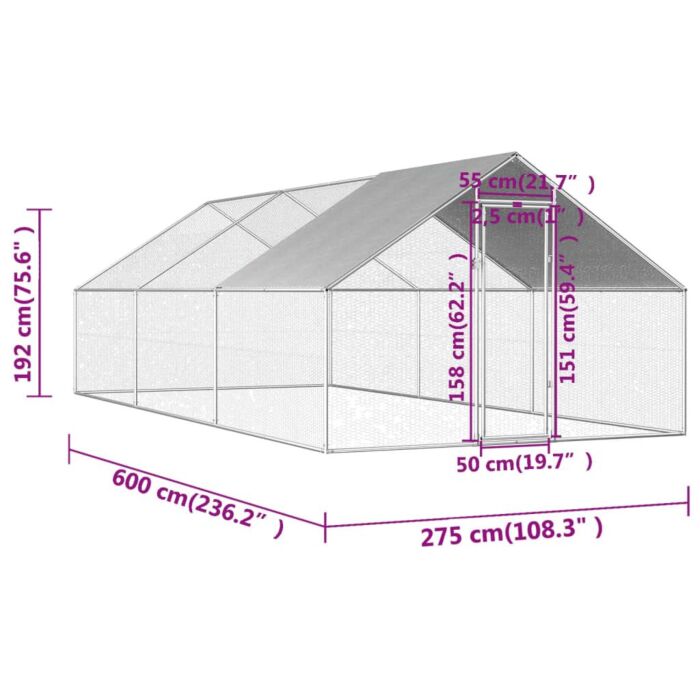 Vidaxl Outdoor Chicken Cage 2.75x8x1.92 M Galvanised Steel