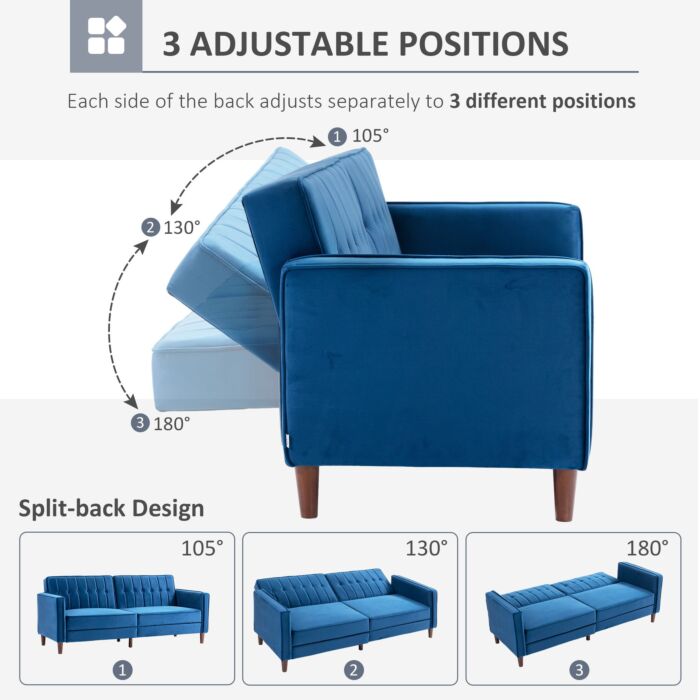 Homcom Modern Convertible Sofa Futon Velvet-touch Tufted Couch Compact Loveseat With Adjustable Split Back, Blue