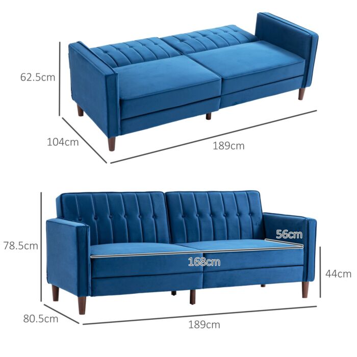 Homcom Modern Convertible Sofa Futon Velvet-touch Tufted Couch Compact Loveseat With Adjustable Split Back, Blue