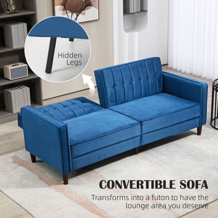 Homcom Modern Convertible Sofa Futon Velvet-touch Tufted Couch Compact Loveseat With Adjustable Split Back, Blue