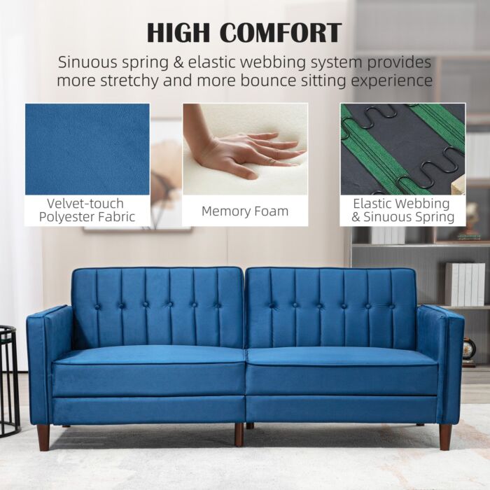 Homcom Modern Convertible Sofa Futon Velvet-touch Tufted Couch Compact Loveseat With Adjustable Split Back, Blue