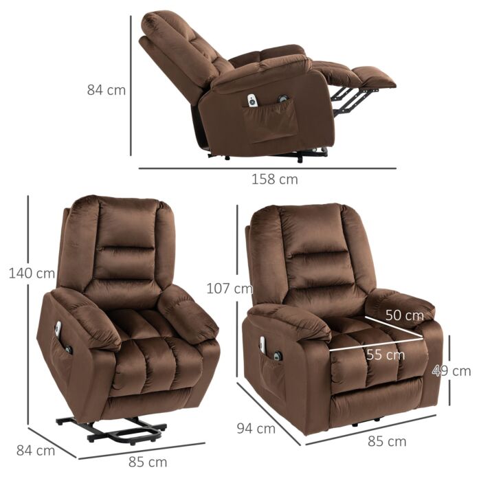 Homcom Lift Chair, Quick Assembly, Electric Riser And Recliner Chair With Vibration Massage, Heat, Side Pockets, Brown