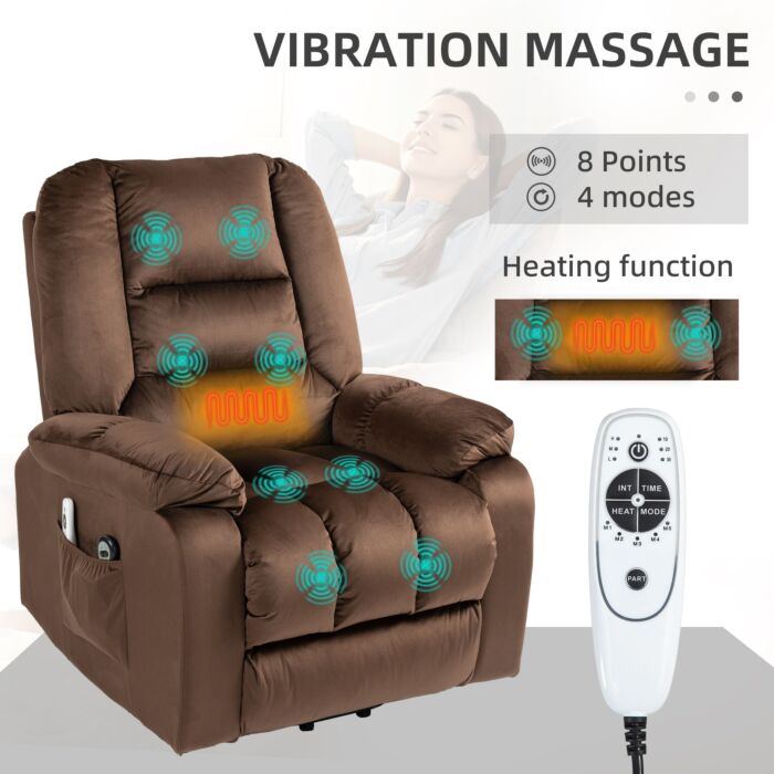 Homcom Lift Chair, Quick Assembly, Electric Riser And Recliner Chair With Vibration Massage, Heat, Side Pockets, Brown