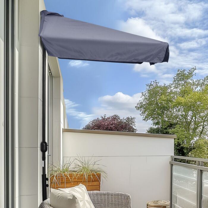 Outsunny 2.3m Half Parasol Semi Round Umbrella Patio Metal Frame Crank Handle For Balcony-- No Base Included, Grey