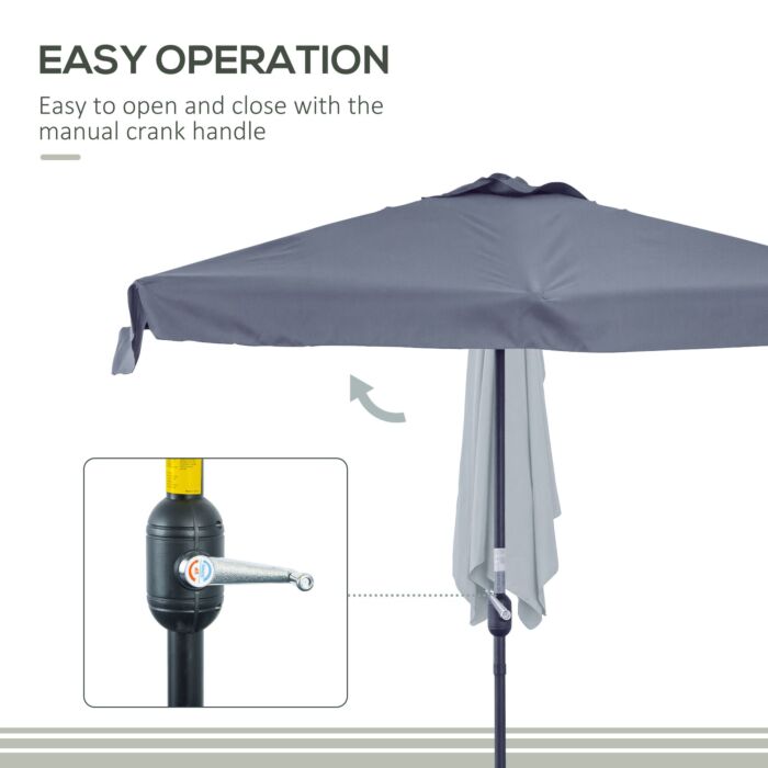 Outsunny 2.3m Half Parasol Semi Round Umbrella Patio Metal Frame Crank Handle For Balcony-- No Base Included, Grey
