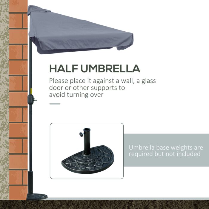 Outsunny 2.3m Half Parasol Semi Round Umbrella Patio Metal Frame Crank Handle For Balcony-- No Base Included, Grey
