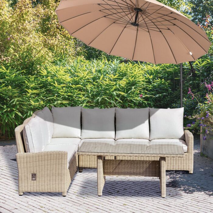 Outsunny 6-seater Reclining Pe Rattan Garden Dining Set Patio Furniture W/sofa Chairs Glass Table Cushions Adjustable Feet Stylish Lounge Conversation