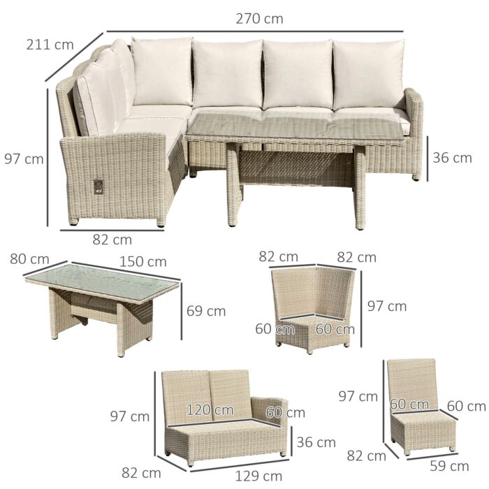 Outsunny 6-seater Reclining Pe Rattan Garden Dining Set Patio Furniture W/sofa Chairs Glass Table Cushions Adjustable Feet Stylish Lounge Conversation