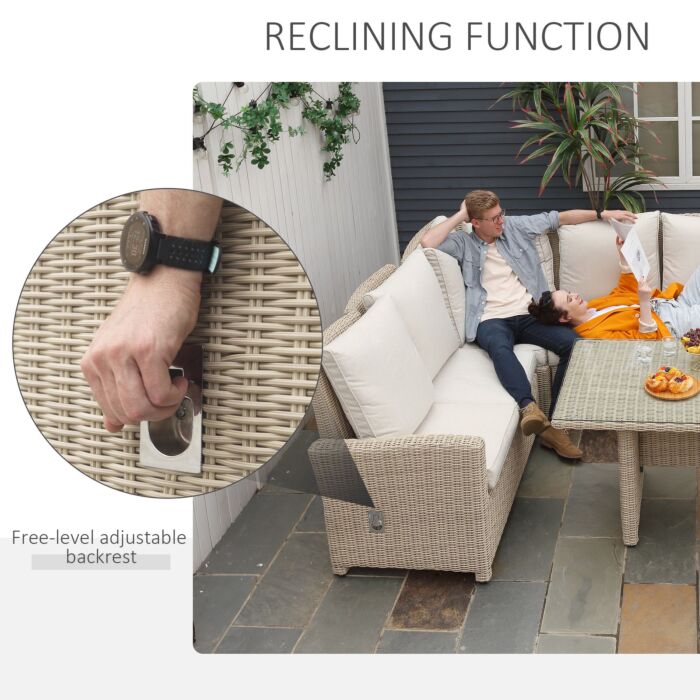 Outsunny 6-seater Reclining Pe Rattan Garden Dining Set Patio Furniture W/sofa Chairs Glass Table Cushions Adjustable Feet Stylish Lounge Conversation