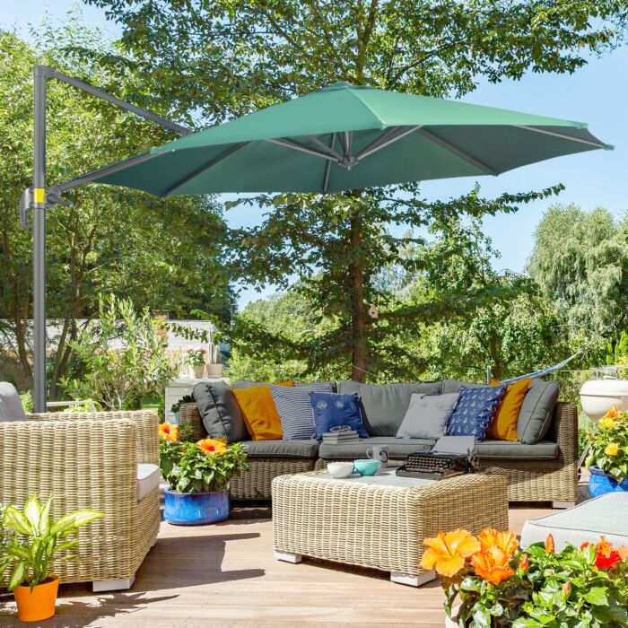 Outsunny 3 X 3(m) Cantilever Parasol With Cross Base, Garden Umbrella With 360° Rotation, Crank Handle And Tilt, Green