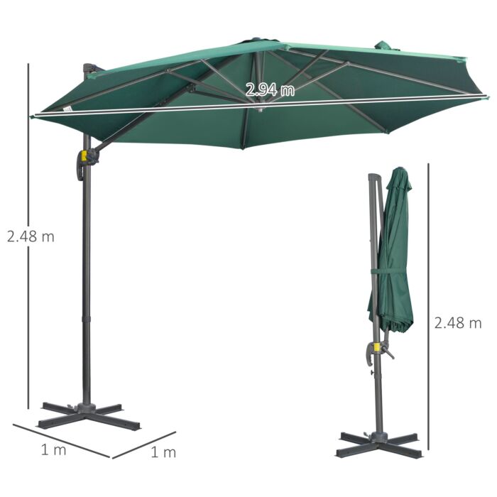 Outsunny 3 X 3(m) Cantilever Parasol With Cross Base, Garden Umbrella With 360° Rotation, Crank Handle And Tilt, Green
