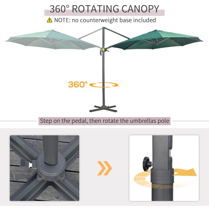 Outsunny 3 X 3(m) Cantilever Parasol With Cross Base, Garden Umbrella With 360° Rotation, Crank Handle And Tilt, Green