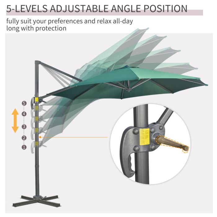 Outsunny 3 X 3(m) Cantilever Parasol With Cross Base, Garden Umbrella With 360° Rotation, Crank Handle And Tilt, Green