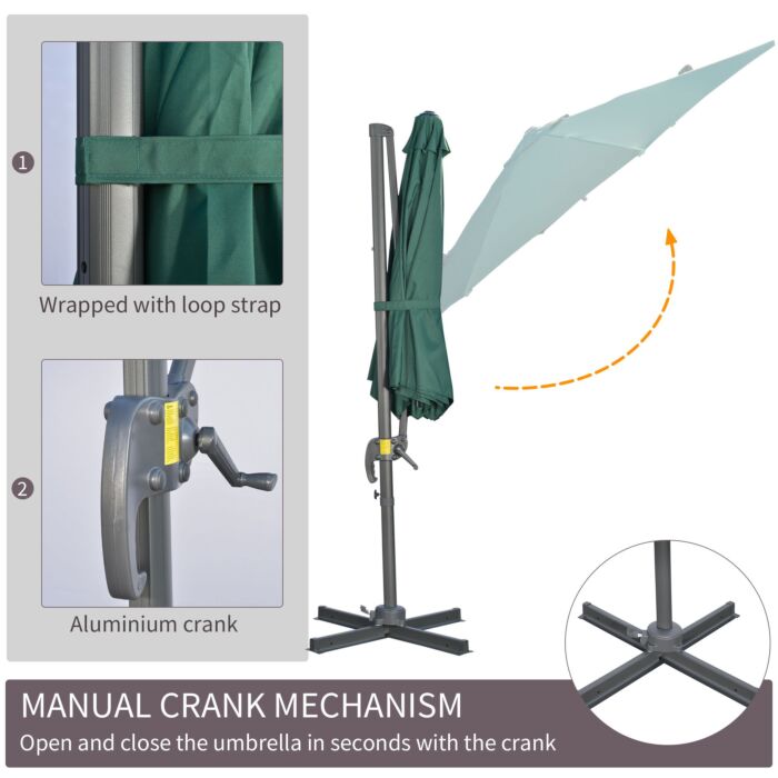 Outsunny 3 X 3(m) Cantilever Parasol With Cross Base, Garden Umbrella With 360° Rotation, Crank Handle And Tilt, Green