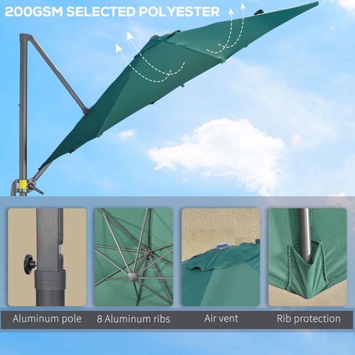 Outsunny 3 X 3(m) Cantilever Parasol With Cross Base, Garden Umbrella With 360° Rotation, Crank Handle And Tilt, Green