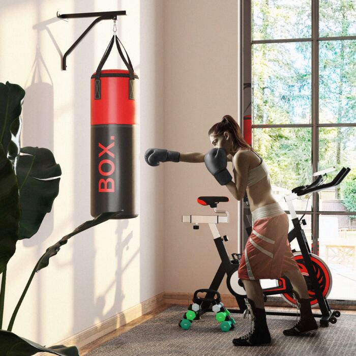 Sportnow Unfilled Punching Bag Set With Boxing Bag Bracket, Boxing Gloves, Hand Wraps And 360° Swivel Hook