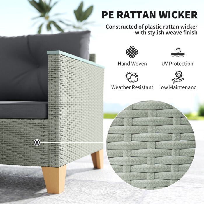 Outsunny 3 Pieces Rattan Garden Furniture Set, L Shaped Garden Conversation Chaise Lounge Furniture With Wood Top Coffee Table And Thick Cushions, Charcoal Grey